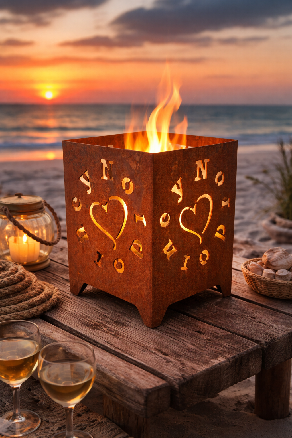 Mini - Feuerkorb Love Norderney Insel Herz inkl. Partylicht