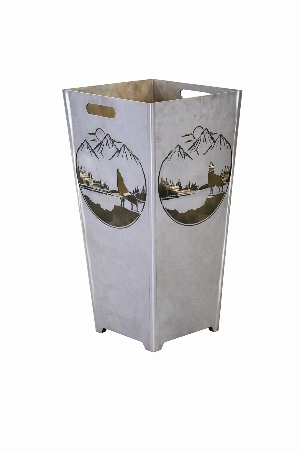 Feuerkorb Berglandschaft mit Wolf und Mond 75cm mit Griffmulden