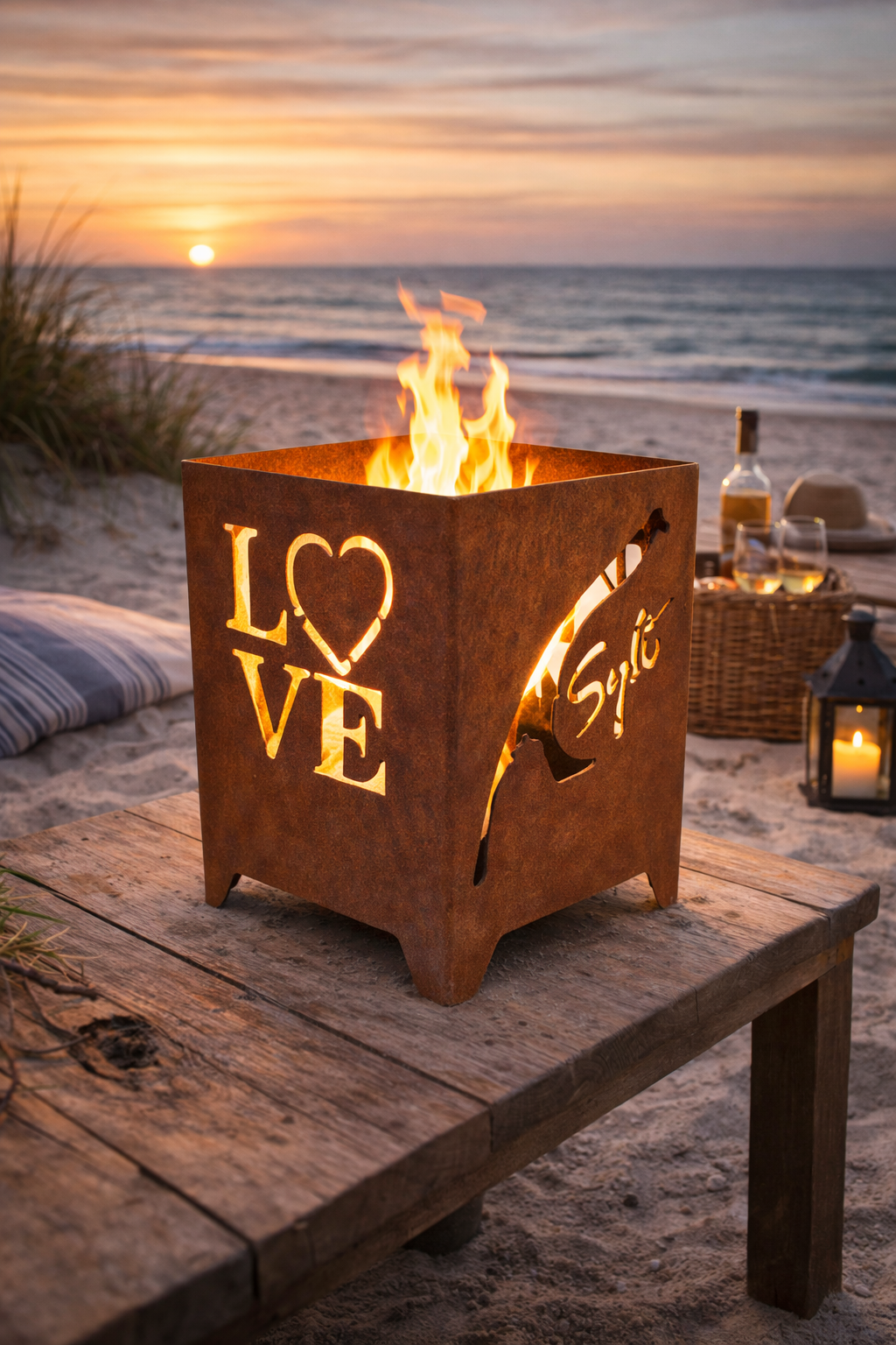 Mini - Feuerkorb Sylt mit Inselmotiv inkl. Partylicht