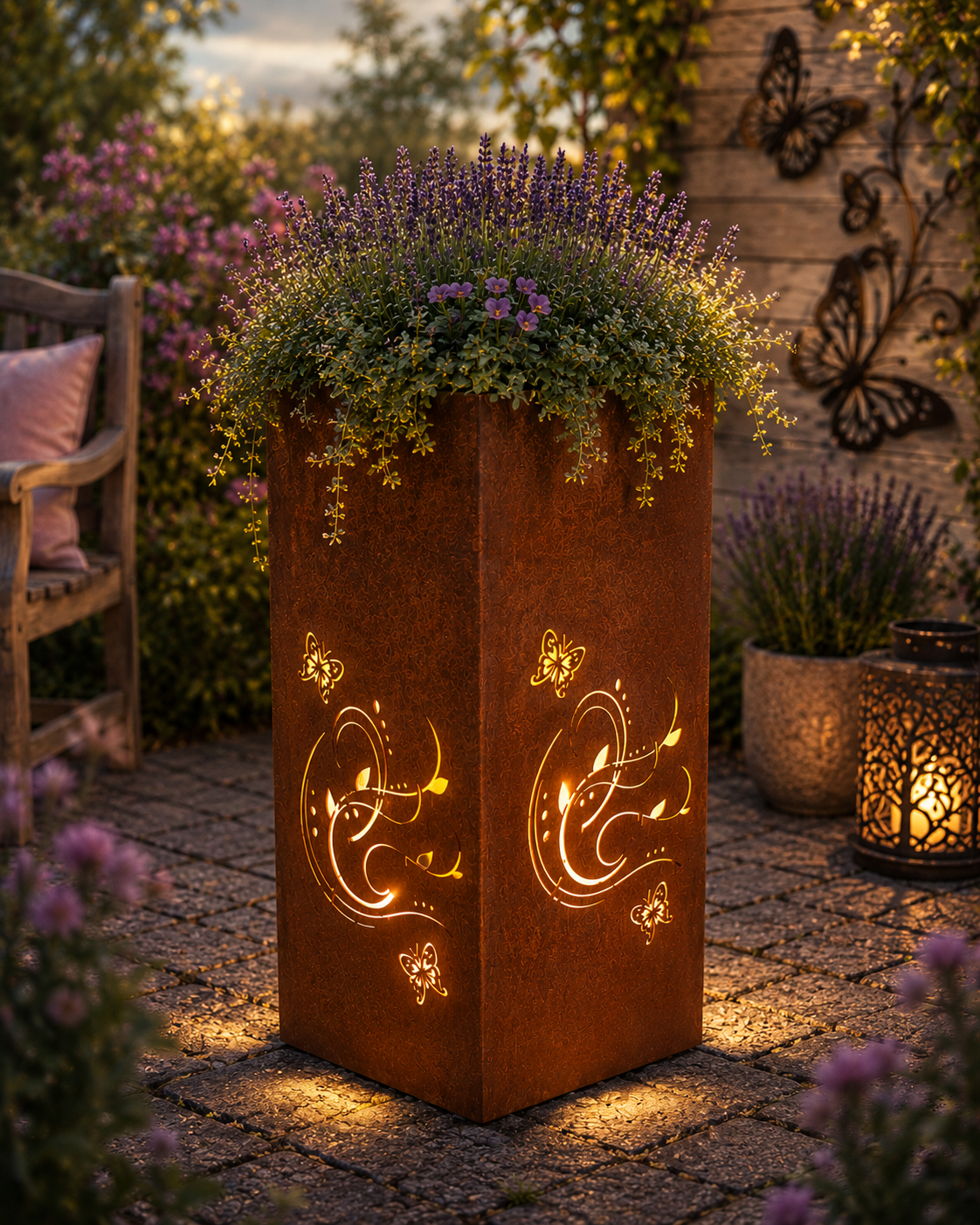 Edelrost Säule Schmetterlingsgarten 30x30x75cm mit Pflanzeinsatz