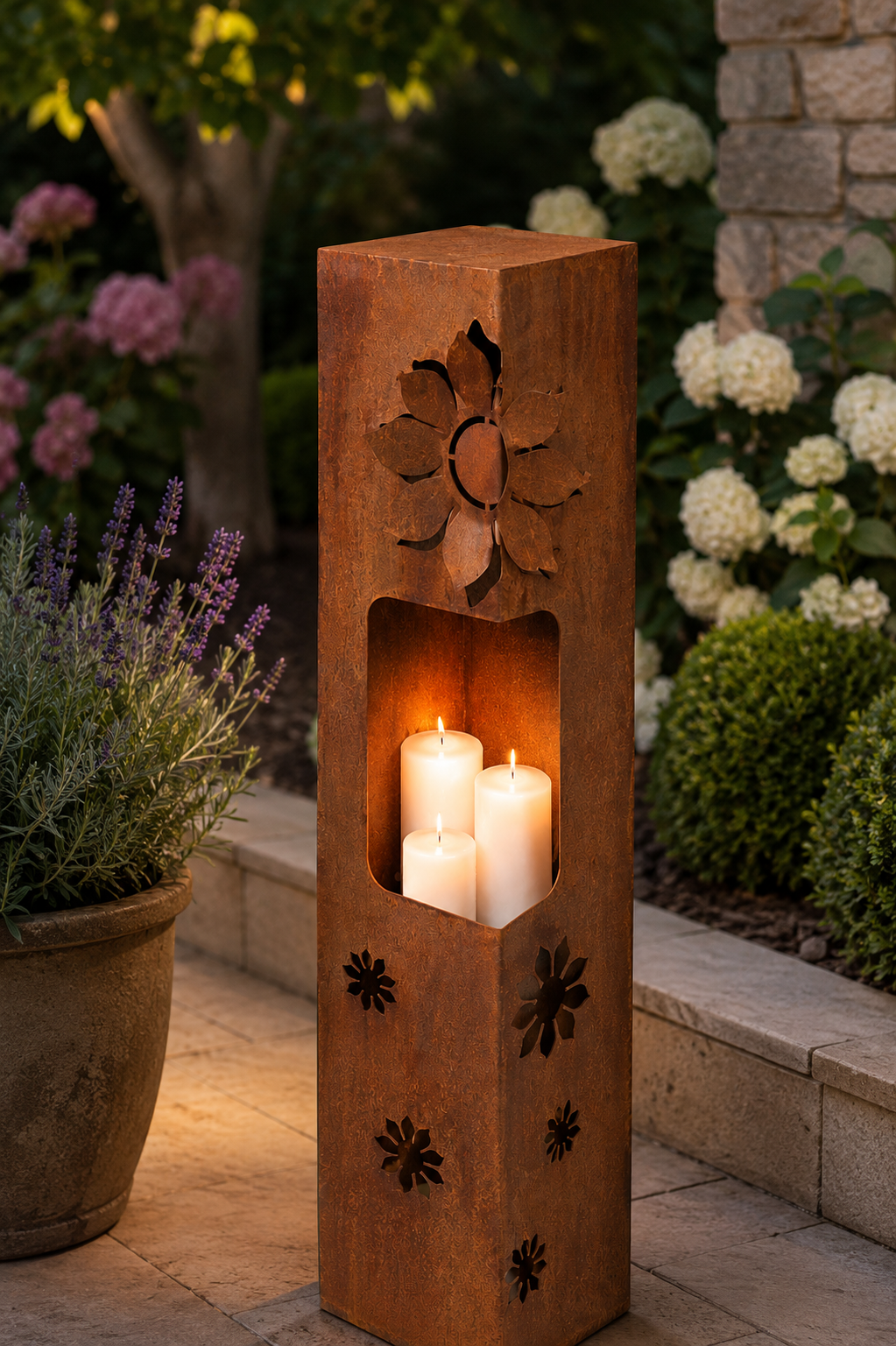 Edelrost Säule 3D Motiv Blume