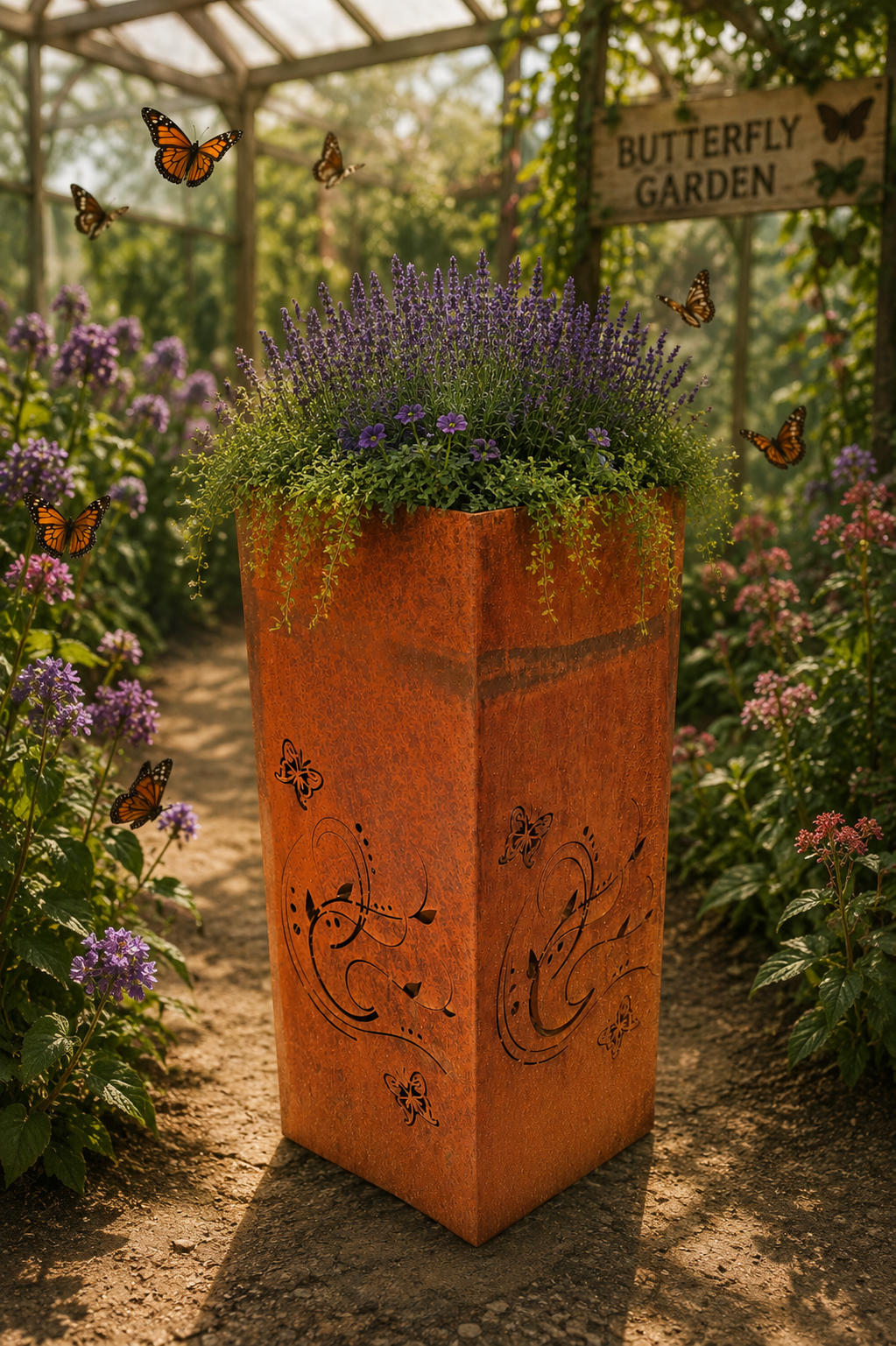 Edelrost Säule Schmetterlingsgarten 30x30x75cm mit Pflanzeinsatz